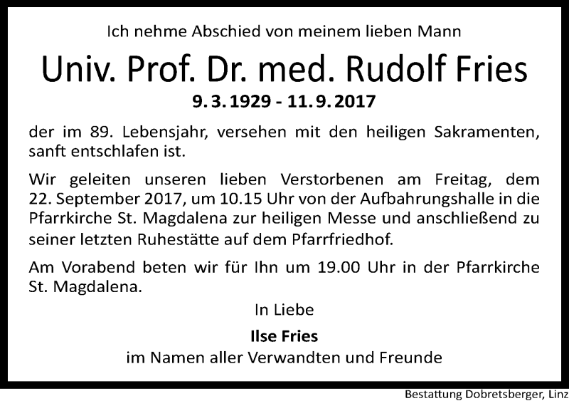  Traueranzeige für Rudolf Fries vom 16.09.2017 aus OÖNachrichten