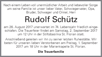 Traueranzeige von Rudolf Schütz von OÖNachrichten