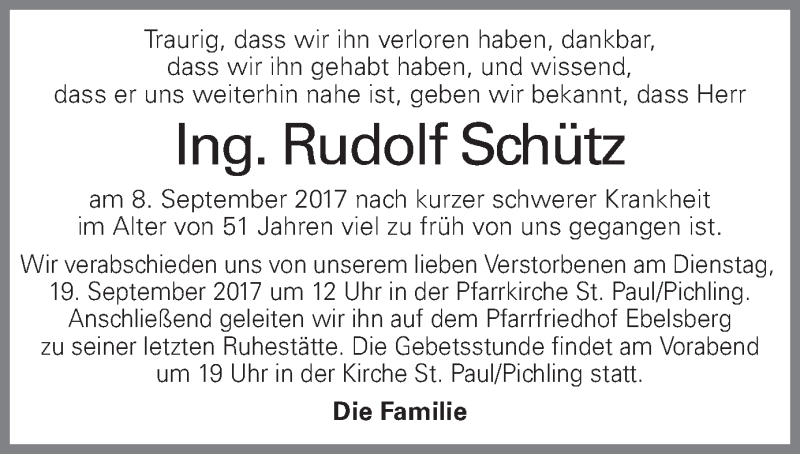  Traueranzeige für Rudolf Schütz vom 13.09.2017 aus OÖNachrichten