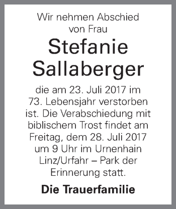 Traueranzeige von Stefanie Sallaberger von OÖNachrichten
