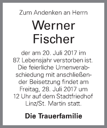 Traueranzeige von Werner Fischer von OÖNachrichten