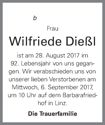 Traueranzeige von Wilfriede Dießl von OÖNachrichten
