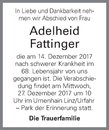 Traueranzeige von Adelheid Fattinger von OÖNachrichten
