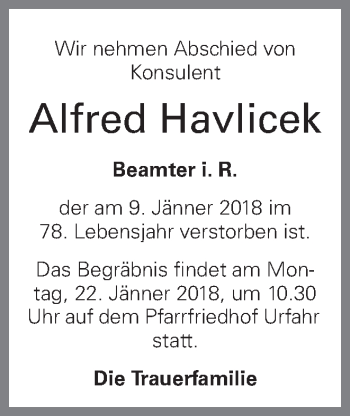 Traueranzeige von Alfred Havlicek von OÖNachrichten