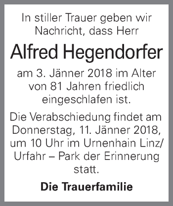 Traueranzeige von Alfred Hegendorfer von OÖNachrichten