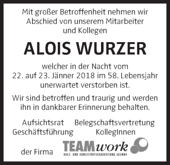 Traueranzeige von Alois Wurzer von OÖNachrichten