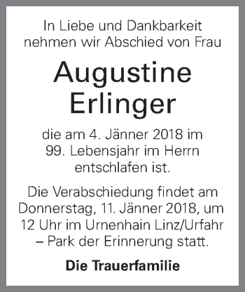 Traueranzeige von Augustine Erlinger von OÖNachrichten