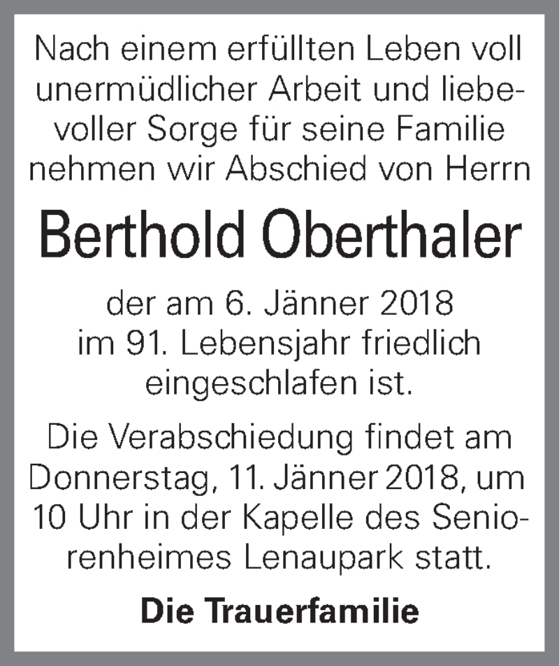  Traueranzeige für Berthold Oberthaler vom 10.01.2018 aus OÖNachrichten