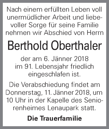 Traueranzeige von Berthold Oberthaler von OÖNachrichten