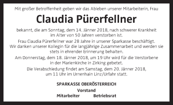 Traueranzeige von Claudia Pürerfellner von OÖNachrichten