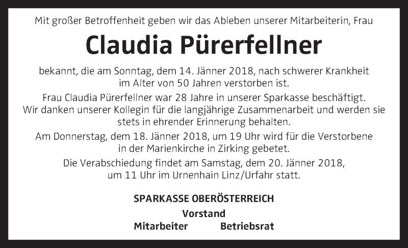  Traueranzeige für Claudia Pürerfellner vom 18.01.2018 aus OÖNachrichten