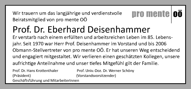  Traueranzeige für Eberhard Deisenhammer vom 20.01.2018 aus OÖNachrichten