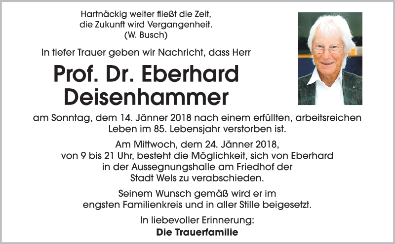  Traueranzeige für Eberhard Deisenhammer vom 20.01.2018 aus OÖNachrichten
