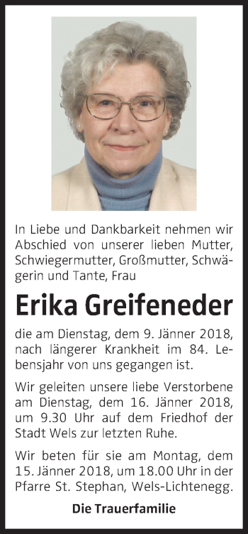Traueranzeige von Erika Greifeneder von OÖNachrichten
