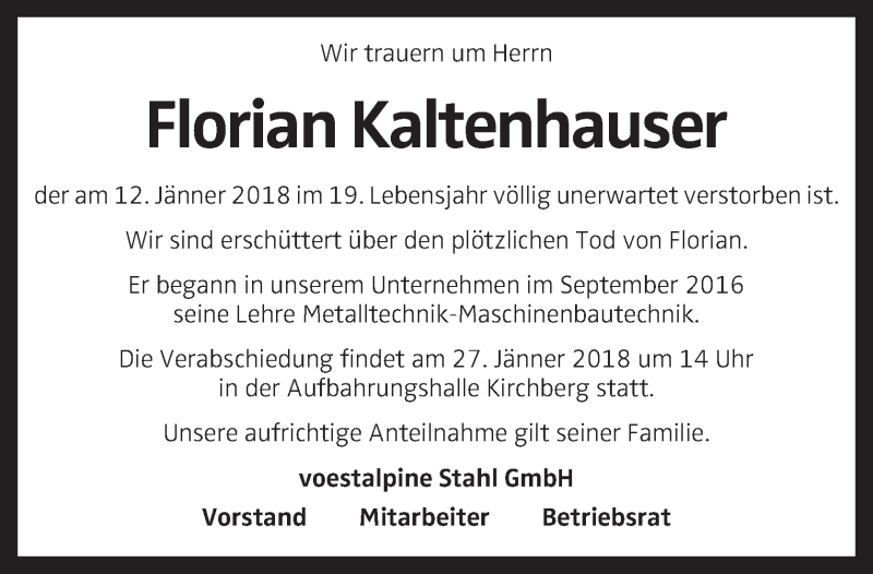  Traueranzeige für Florian Kaltenhauser vom 25.01.2018 aus OÖNachrichten
