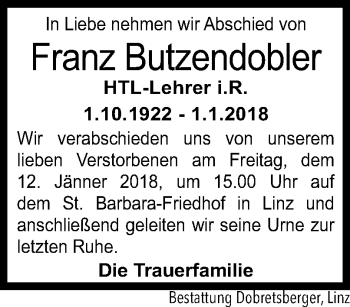 Traueranzeige von Franz Butzendobler von OÖNachrichten