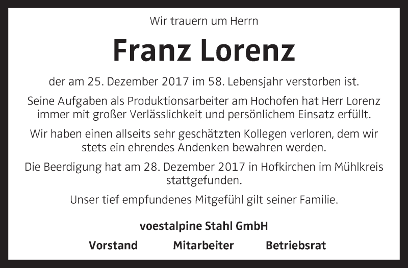  Traueranzeige für Franz Lorenz vom 03.01.2018 aus OÖNachrichten
