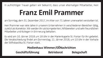 Traueranzeige von Franz Emil Prammer von OÖNachrichten