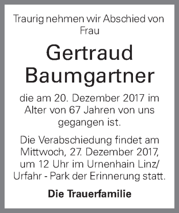 Traueranzeige von Gertraud Baumgartner von OÖNachrichten