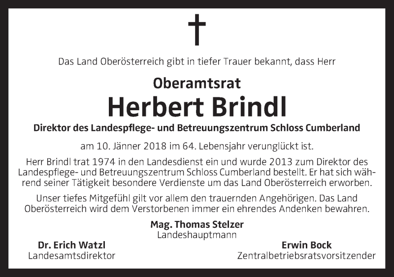  Traueranzeige für Herbert Brindl vom 15.01.2018 aus OÖNachrichten