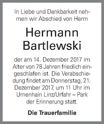 Traueranzeige von Hermann Bartlewski von OÖNachrichten