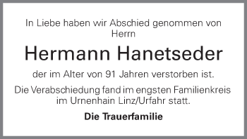 Traueranzeige von Hermann Hanetseder von OÖNachrichten