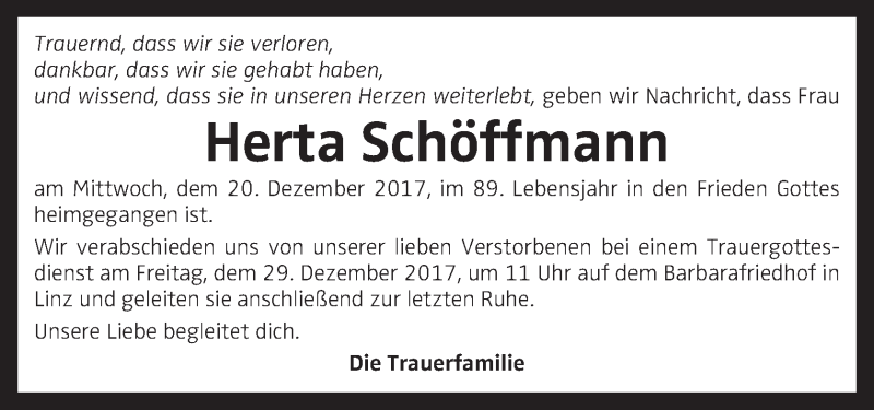  Traueranzeige für Herta Schöffmann vom 23.12.2017 aus OÖNachrichten
