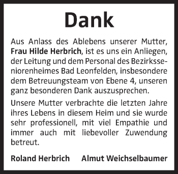 Traueranzeige von Hilde Herbrich von OÖNachrichten