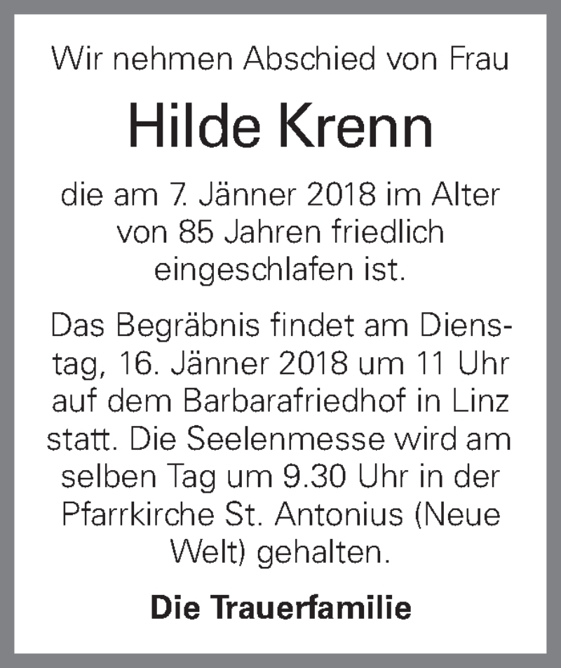  Traueranzeige für Hilde Krenn vom 12.01.2018 aus OÖNachrichten