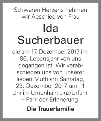 Traueranzeige von Ida Sucherbauer von OÖNachrichten