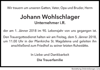 Traueranzeige von Johann Wohlschlager von OÖNachrichten