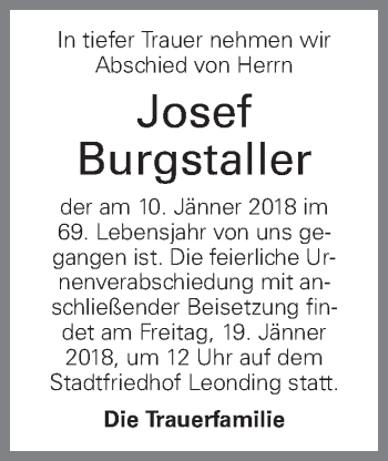 Traueranzeige von Josef Burgstaller von OÖNachrichten
