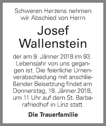 Traueranzeige von Josef Wallenstein von OÖNachrichten