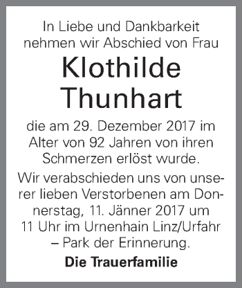 Traueranzeige von Klothilde Thunhart von OÖNachrichten