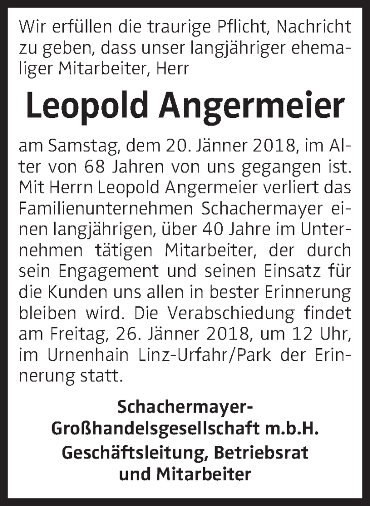  Traueranzeige für Leopold Angermeier vom 24.01.2018 aus OÖNachrichten