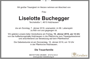 Traueranzeige von Liselotte Buchegger von OÖNachrichten