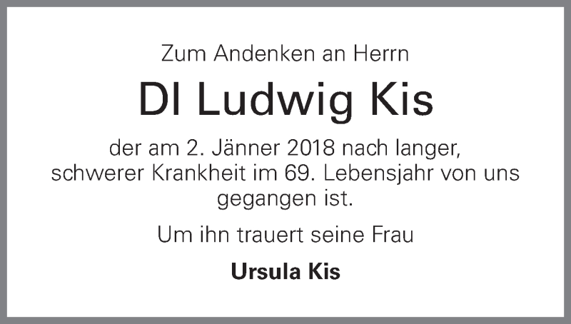  Traueranzeige für Ludwig Kis vom 05.01.2018 aus OÖNachrichten
