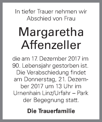 Traueranzeige von Margaretha Affenzeller von OÖNachrichten