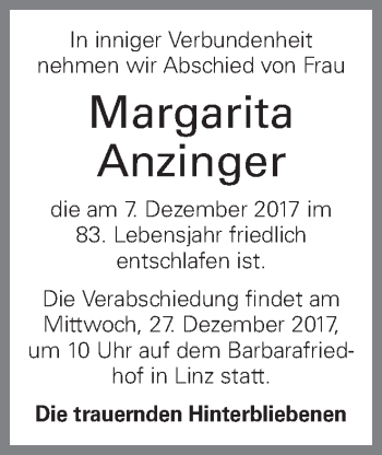 Traueranzeige von Margarita Anzinger von OÖNachrichten