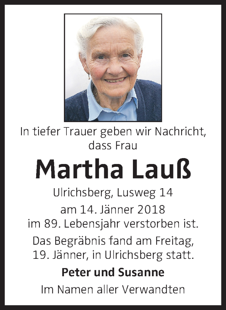  Traueranzeige für Martha Lauß vom 24.01.2018 aus OÖNachrichten