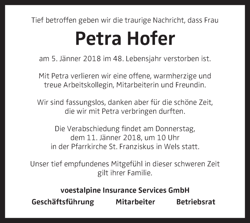  Traueranzeige für Petra Hofer vom 10.01.2018 aus OÖNachrichten