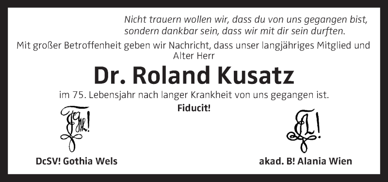  Traueranzeige für Roland Kusatz vom 13.01.2018 aus OÖNachrichten
