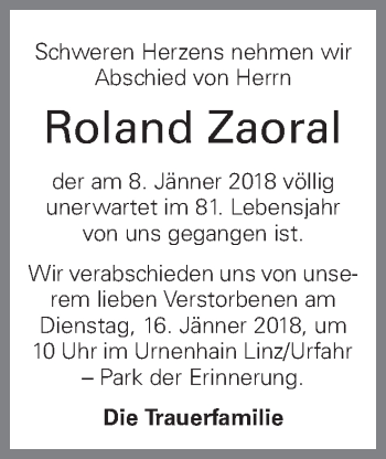 Traueranzeige von Roland Zaoral von OÖNachrichten