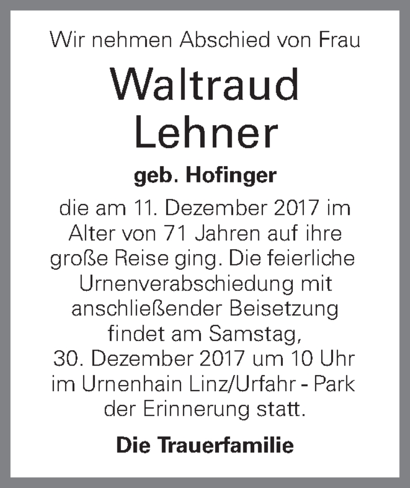  Traueranzeige für Waltraud Lehner vom 19.12.2017 aus OÖNachrichten