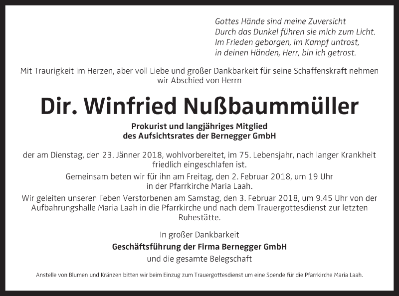  Traueranzeige für Winfried Nußbaummüller vom 27.01.2018 aus OÖNachrichten