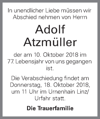Traueranzeige von Adolf Atzmüller von OÖNachrichten