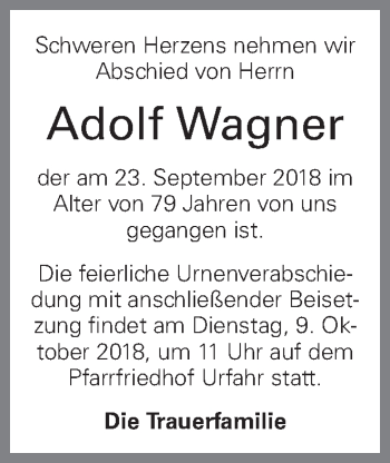Traueranzeige von Adolf Wagner von OÖNachrichten