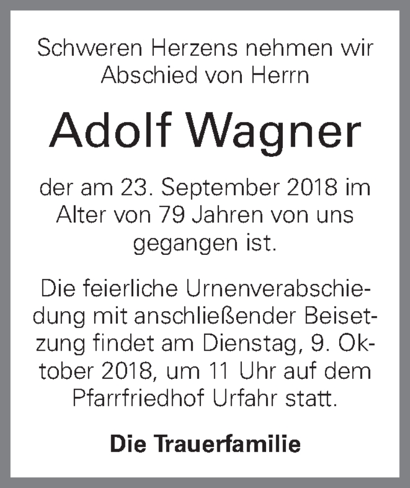  Traueranzeige für Adolf Wagner vom 06.10.2018 aus OÖNachrichten