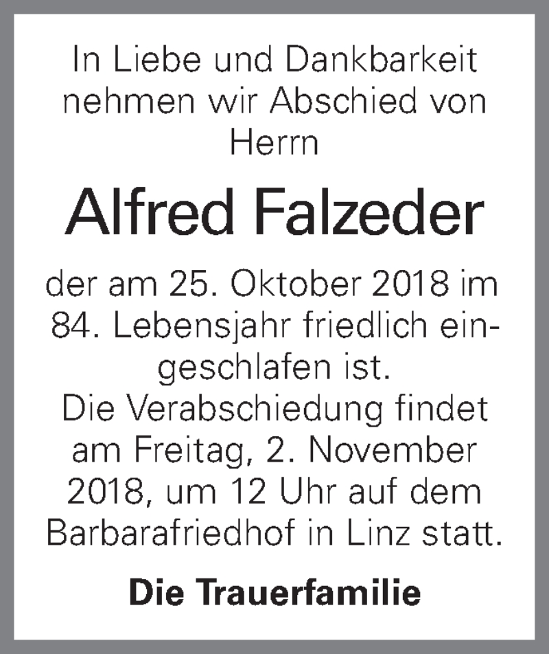  Traueranzeige für Alfred Falzeder vom 30.10.2018 aus OÖNachrichten