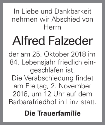 Traueranzeige von Alfred Falzeder von OÖNachrichten